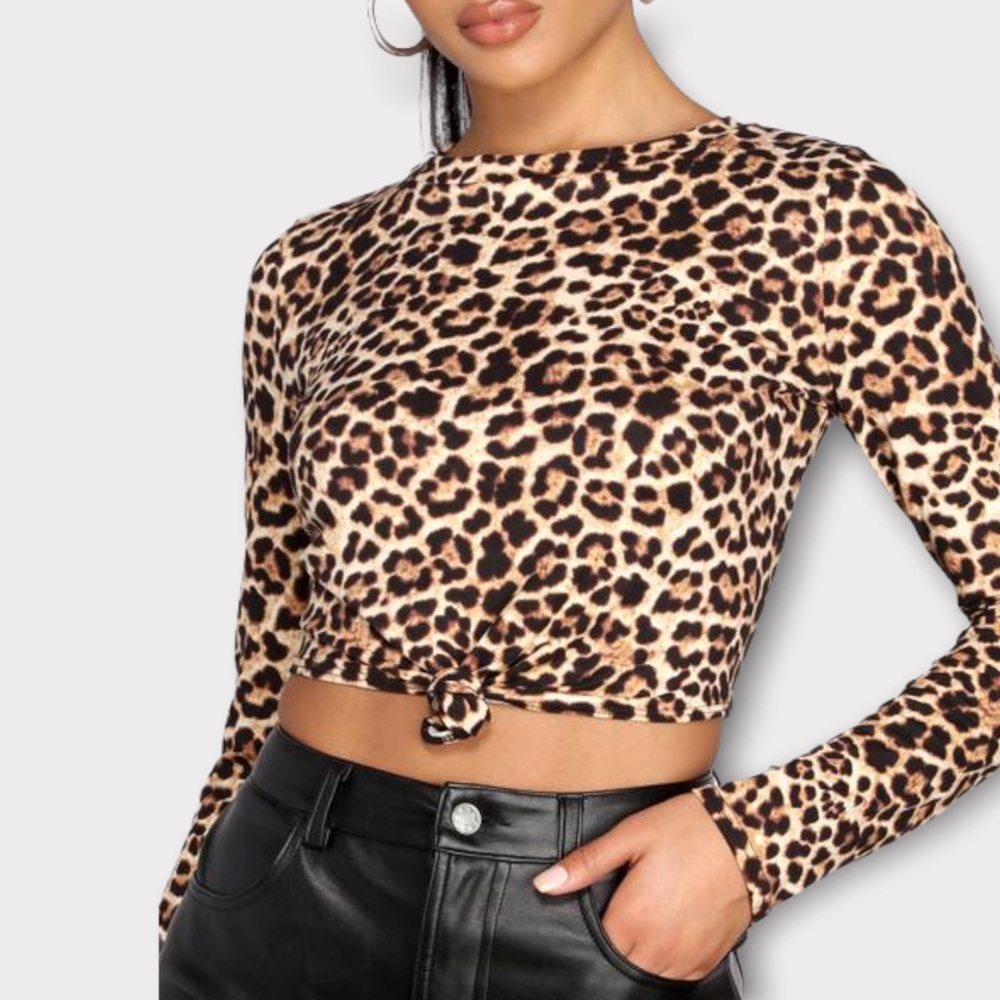 Windsor | Leopard Print Brushed Knit Crop Top  | Medium | Long Sleeve & Knot Tie